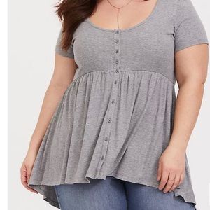 Torrid Gray Super Soft Knit Button Babydoll Short Sleeve Hi Low Stretch 2X